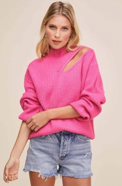 Cutout Turtleneck Sweater 27 Cutout Turtleneck Sweater -Chic Outfit Shop AT15729B BRIGHT PINK 5