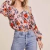 Lourdes Burnout Velvet Floral Top -Chic Outfit Shop AT15816 BLUSH RED FLORAL 2