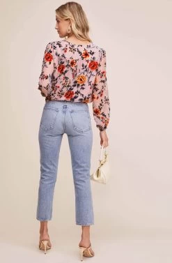 Lourdes Burnout Velvet Floral Top -Chic Outfit Shop AT15816 BLUSH RED FLORAL 4