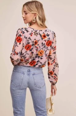 Lourdes Burnout Velvet Floral Top -Chic Outfit Shop AT15816 BLUSH RED FLORAL 5