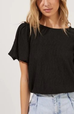 Bubble Sleeve Crew Neck Top -Chic Outfit Shop AT16104 BLACK 3
