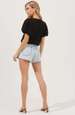 Bubble Sleeve Crew Neck Top -Chic Outfit Shop AT16104 BLACK 4