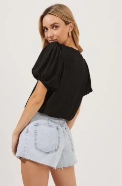 Bubble Sleeve Crew Neck Top -Chic Outfit Shop AT16104 BLACK 5