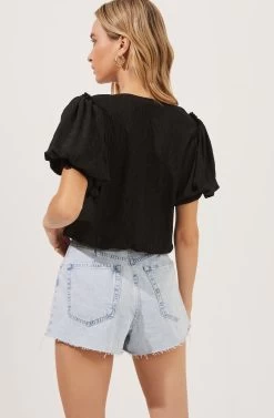 Bubble Sleeve Crew Neck Top -Chic Outfit Shop AT16104 BLACK 6