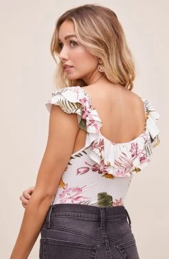 Double Ruffle Off The Shoulder Rib Bodysuit 18 Double Ruffle Off The Shoulder Rib Bodysuit -Chic Outfit Shop AT16160 CREAM MAUVE PALM 5