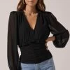 Ruched Bodice Long Sleeve Top -Chic Outfit Shop AT16488 003 BLACK 2