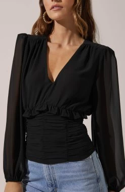 Ruched Bodice Long Sleeve Top -Chic Outfit Shop AT16488 003 BLACK 3