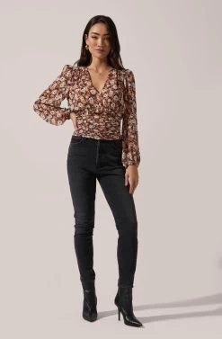 Ruched Bodice Long Sleeve Top -Chic Outfit Shop AT16488 003 RUST PURPLEMULTI 1