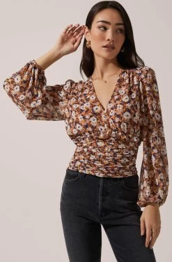 Ruched Bodice Long Sleeve Top -Chic Outfit Shop AT16488 003 RUST PURPLEMULTI 2