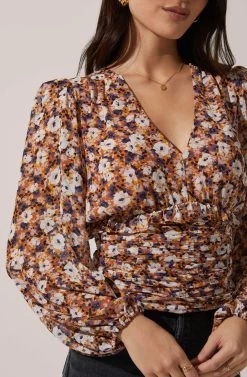 Ruched Bodice Long Sleeve Top -Chic Outfit Shop AT16488 003 RUST PURPLEMULTI 3