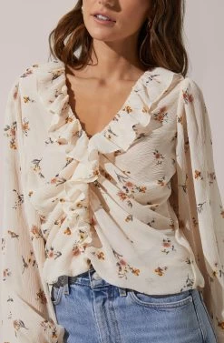 Long Sleeve Ruffle Neck Top 8 Long Sleeve Ruffle Neck Top -Chic Outfit Shop AT16502 CREAMMUSTARDMULTIFLORAL 3