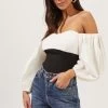 Off The Shoulder Long Sleeve Bodysuit -Chic Outfit Shop AT16671 BLACK IVORY 2