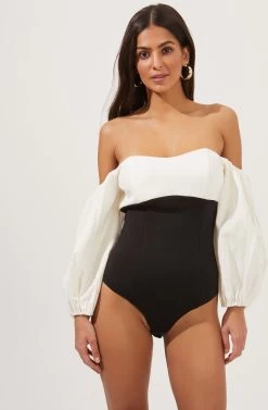Off The Shoulder Long Sleeve Bodysuit -Chic Outfit Shop AT16671 BLACK IVORY 6
