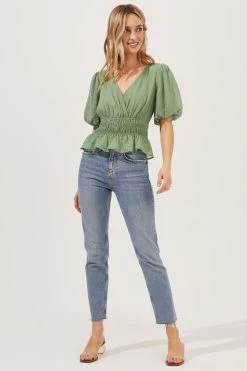 Bubble Sleeve Smocked Top -Chic Outfit Shop AT16720 003 SAGE 2