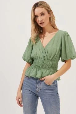 Bubble Sleeve Smocked Top -Chic Outfit Shop AT16720 003 SAGE 3