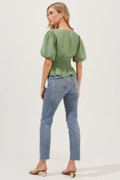 Bubble Sleeve Smocked Top -Chic Outfit Shop AT16720 003 SAGE 5