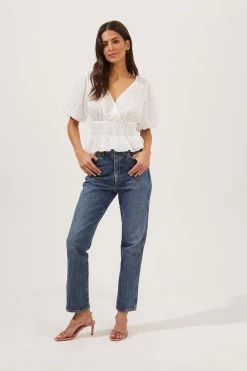 Bubble Sleeve Smocked Top -Chic Outfit Shop AT16720 003 WHITE 1