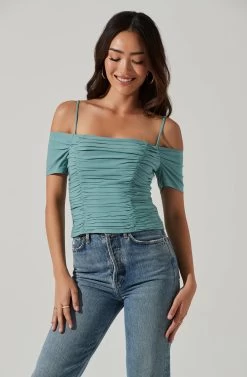 Ruched Off Shoulder Top -Chic Outfit Shop AT16814B DARKSAGE 0485