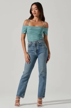 Ruched Off Shoulder Top -Chic Outfit Shop AT16814B DARKSAGE 0489