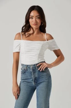 Ruched Off Shoulder Top -Chic Outfit Shop AT16814B WHITE 0468