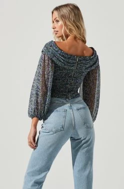 Long Sleeve Off The Shoulder Center Cinched Top 9 Long Sleeve Off The Shoulder Center Cinched Top -Chic Outfit Shop AT16934 PURPLEMULTIFLORAL 4