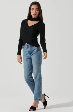 Mock Neck Cross Front Sweater 26 Mock Neck Cross Front Sweater -Chic Outfit Shop AT17003 BLACK 1485