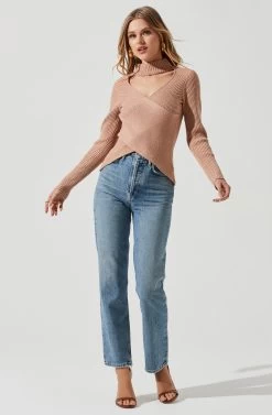 Mock Neck Cross Front Sweater 32 Mock Neck Cross Front Sweater -Chic Outfit Shop AT17003 BLUSH 0859