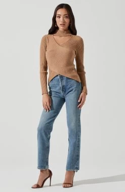 Mock Neck Cross Front Sweater 41 Mock Neck Cross Front Sweater -Chic Outfit Shop AT17003 TAN 1103