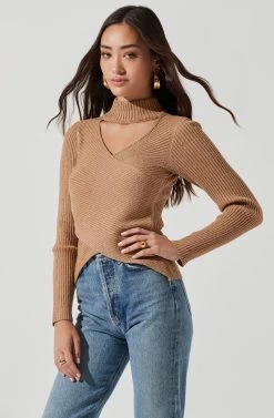 Mock Neck Cross Front Sweater 40 Mock Neck Cross Front Sweater -Chic Outfit Shop AT17003 TAN 1111