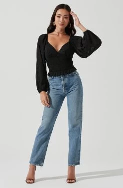 Long Sleeve Smocked Top -Chic Outfit Shop AT17109 BLACK 0035