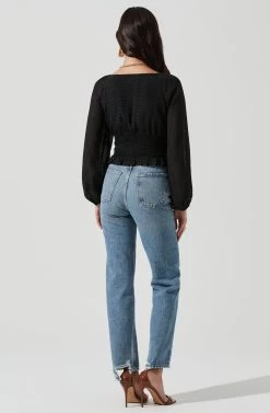 Long Sleeve Smocked Top -Chic Outfit Shop AT17109 BLACK 0045