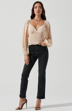 Long Sleeve Smocked Top -Chic Outfit Shop AT17109 CREAM 0912