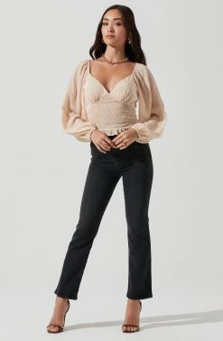 Long Sleeve Smocked Top -Chic Outfit Shop AT17109 CREAM 0915