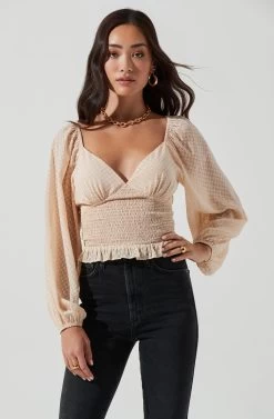 Long Sleeve Smocked Top -Chic Outfit Shop AT17109 CREAM 0924