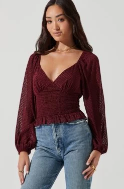 Long Sleeve Smocked Top -Chic Outfit Shop AT17109 WINE 1159