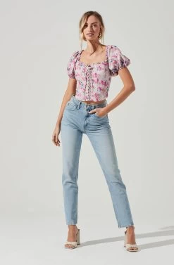 Lace Up Floral Puff Sleeve Top -Chic Outfit Shop AT17232 PURPLEMULTIFLORAL 1353