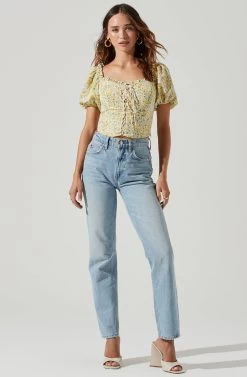 Lace Up Floral Puff Sleeve Top -Chic Outfit Shop AT17232 YELLOWWHITEDITSY 1