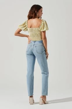 Lace Up Floral Puff Sleeve Top -Chic Outfit Shop AT17232 YELLOWWHITEDITSY 4
