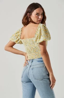 Lace Up Floral Puff Sleeve Top -Chic Outfit Shop AT17232 YELLOWWHITEDITSY 5