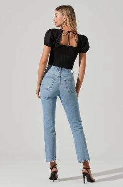 Poplin Lace Up Puff Sleeve Top -Chic Outfit Shop AT17234 BLACK 04861