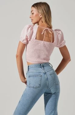Poplin Lace Up Puff Sleeve Top -Chic Outfit Shop AT17234 BLUSH 05341