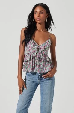 Ruffle Floral Tie Front Cami -Chic Outfit Shop AT17258 TURQ PINKFLORAL 3