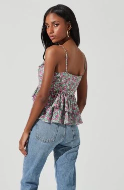Ruffle Floral Tie Front Cami -Chic Outfit Shop AT17258 TURQ PINKFLORAL 4