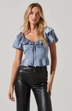 Satin Bubble Sleeve Top -Chic Outfit Shop AT17259 SLATEBLUE 2