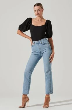 Puff Sleeve Textured Bodysuit -Chic Outfit Shop AT17265A BLACK 05861