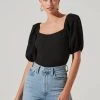 Puff Sleeve Textured Bodysuit 1 Puff Sleeve Textured Bodysuit -Chic Outfit Shop AT17265A BLACK 05881