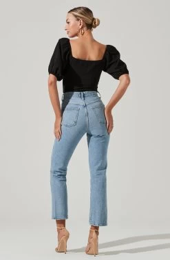 Puff Sleeve Textured Bodysuit -Chic Outfit Shop AT17265A BLACK 05921