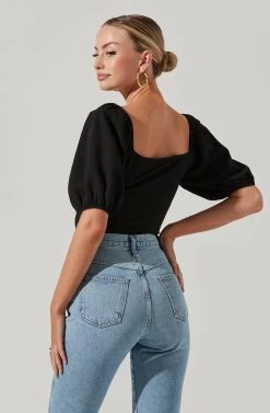 Puff Sleeve Textured Bodysuit -Chic Outfit Shop AT17265A BLACK 05941
