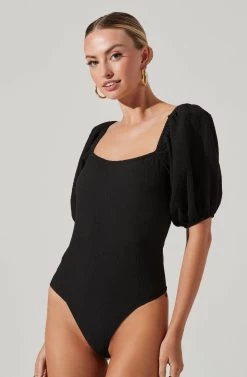 Puff Sleeve Textured Bodysuit -Chic Outfit Shop AT17265A BLACK 05961