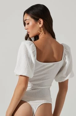 Puff Sleeve Textured Bodysuit -Chic Outfit Shop AT17265A WHITE 1